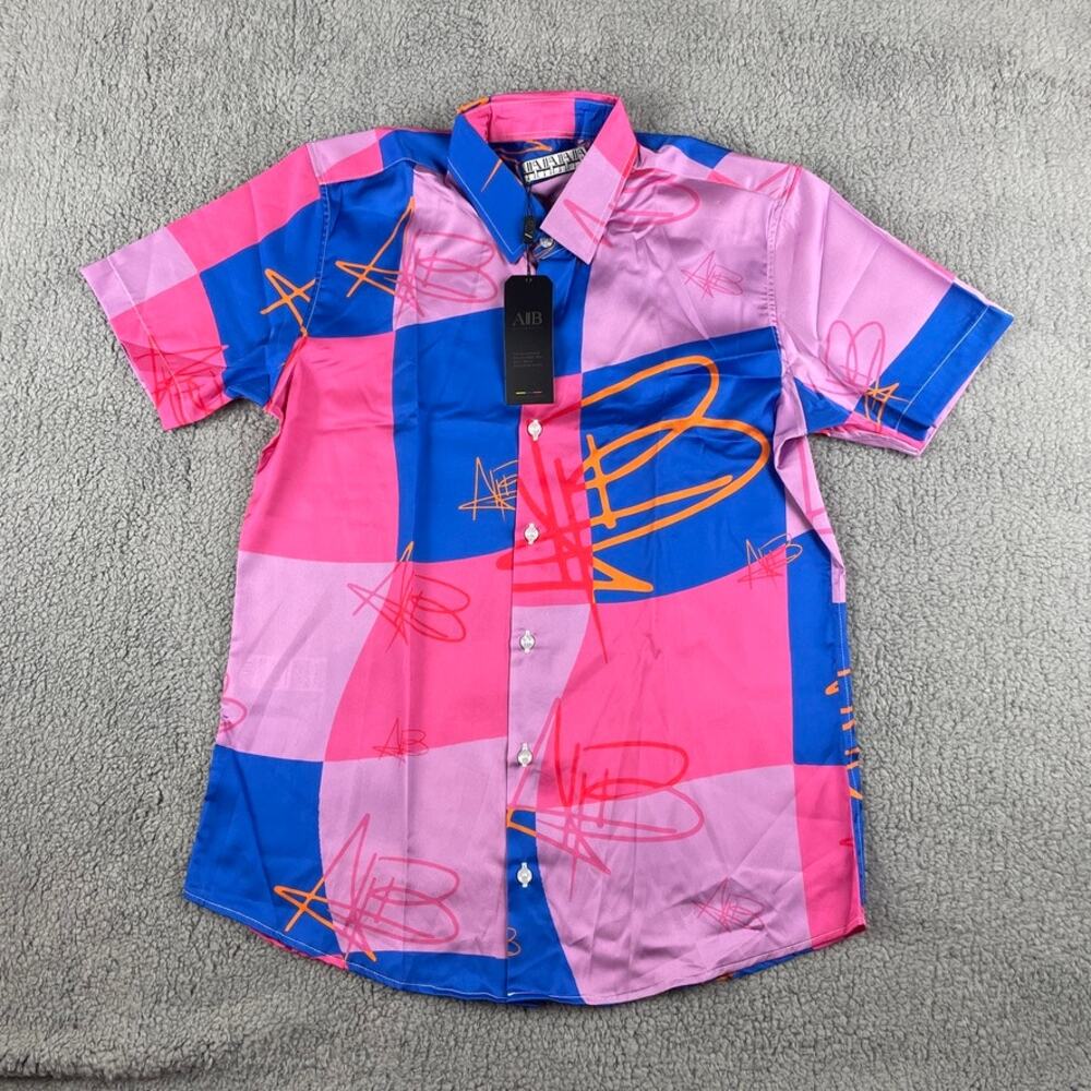 All Baute Men's Medium Pink Blue Short Sleeve Button Up Shirt